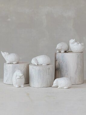 Set of Six White Ceramic Hedgehog Figurines